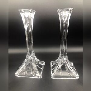Delomb Lead Crystal Clear Glass Taper Candle Holder Pair 10" Tall Made In USA